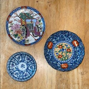 Set of Three Decorative Plates with Floral and Japanese  Designs